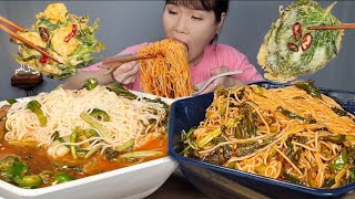 맛있는집밥먹방♡ 비빔 국수 핵폭탄 열무김치 부추김치 매운 비빔국수 물국수  부추새우전 깻잎전 먹방 Spicy Kimchi Noodles Eating Show ASMR