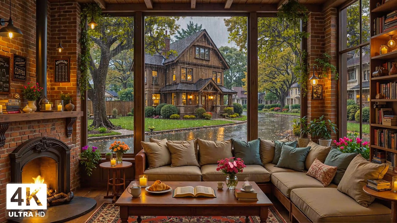 Warm Coffee Shop & Rainy Jazz Outside ☕🌧️ Relaxing Jazz Piano with Fireplace Sounds for Study & Calm