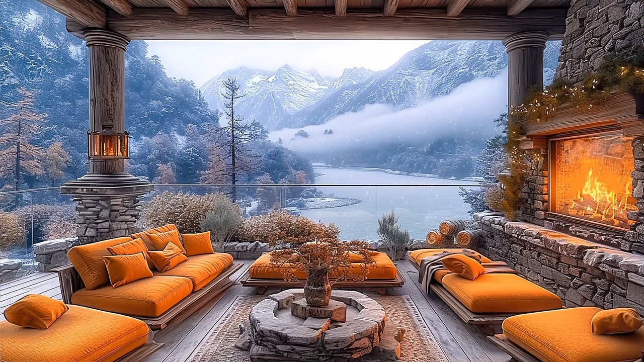 Soothing Jazz Instrumental Music In A Winter Cozy Porch Ambience ♨ Snow ...