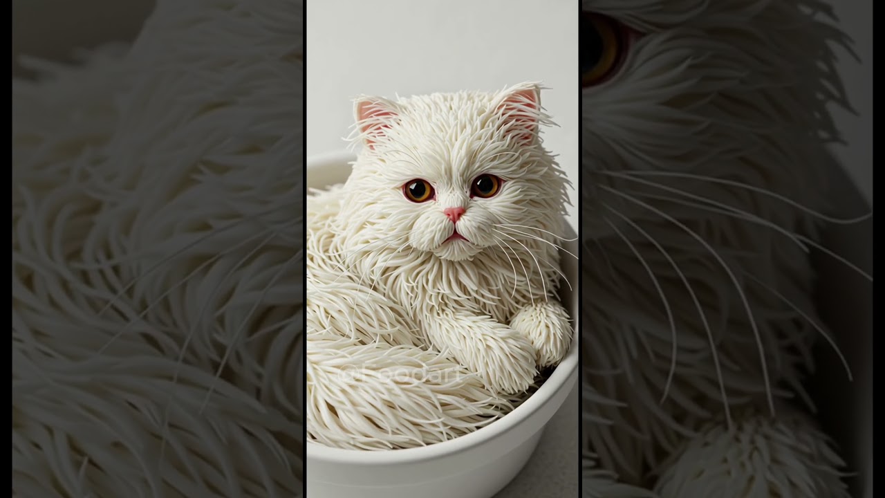 Hyperrealistic White Persian Cat Made Entirely of Spaghetti Noodles | Stunning Food Art Sculpture