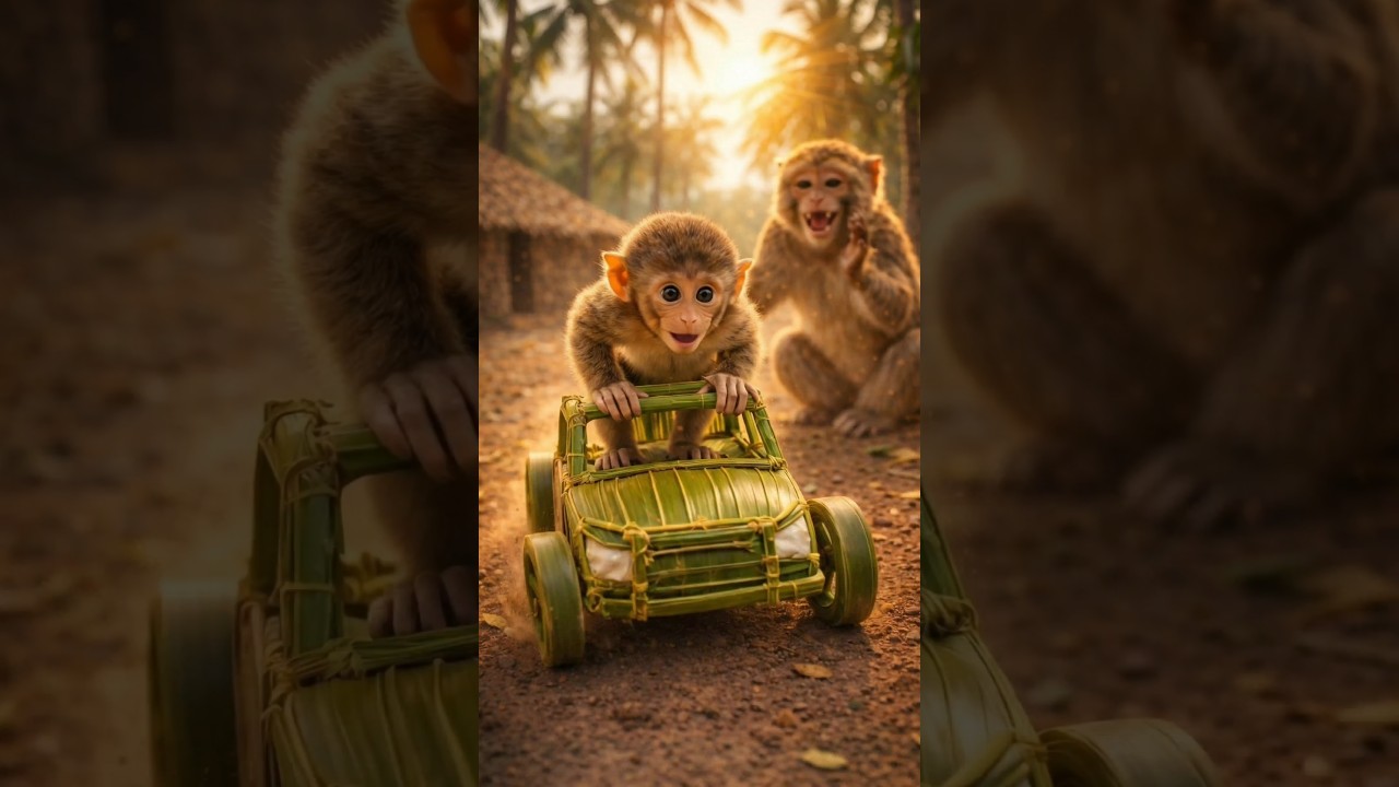 Monkey makes a toy car from palm leaves for her baby 