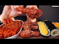 ASMR MUKBANG | FRIED CHICKEN & SPICY TTEOKBOKKI FIRE NOODLES & GIMBAP EATING 양념치킨 떡볶이 김밥 소스 퐁당! 먹방