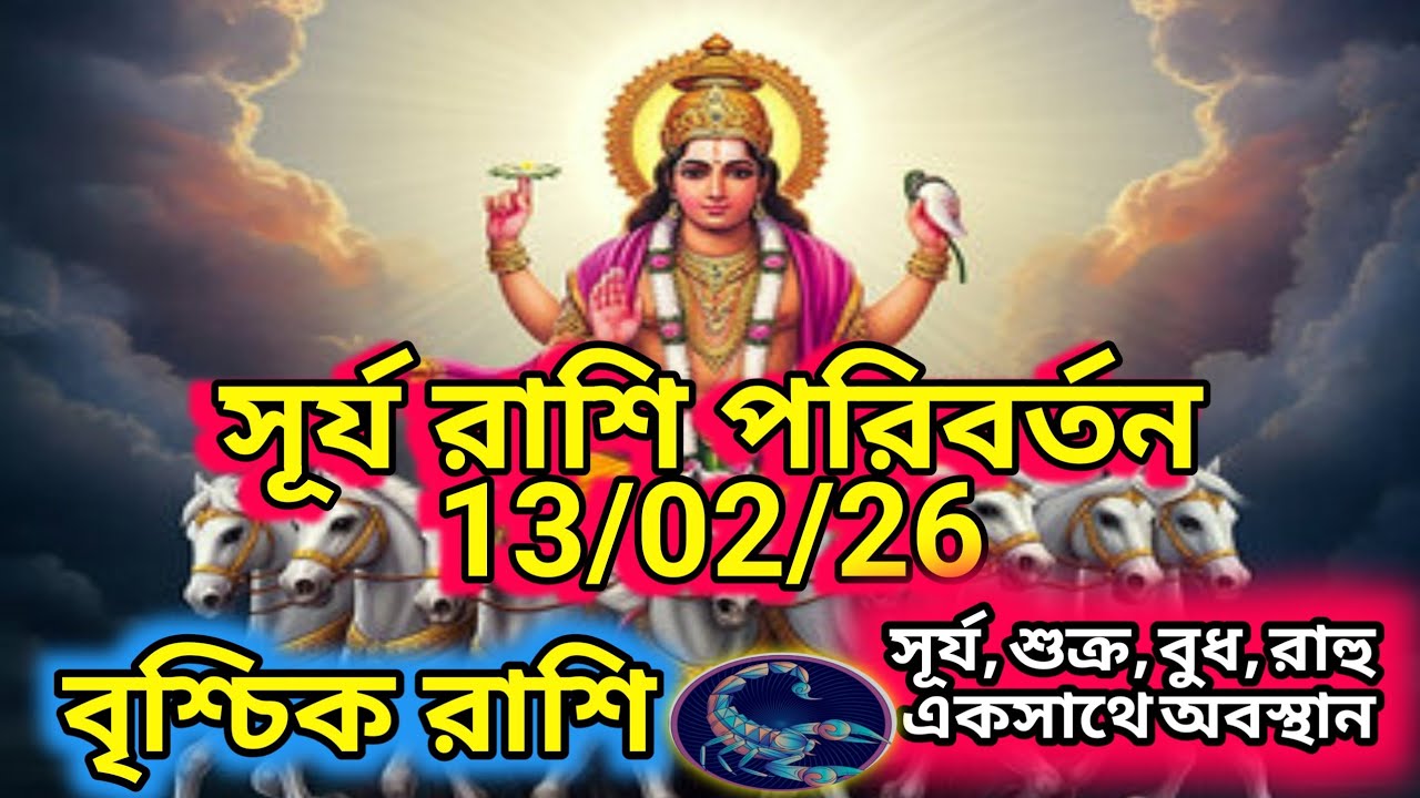 বৃশ্চিক রাশি সূর্য রাশি পরিবর্তন 13/02/26 ।। চারটি গ্রহ একসাথে অবস্থান।। দেব গুরু বৃহস্পতি কৃপা লাভ।