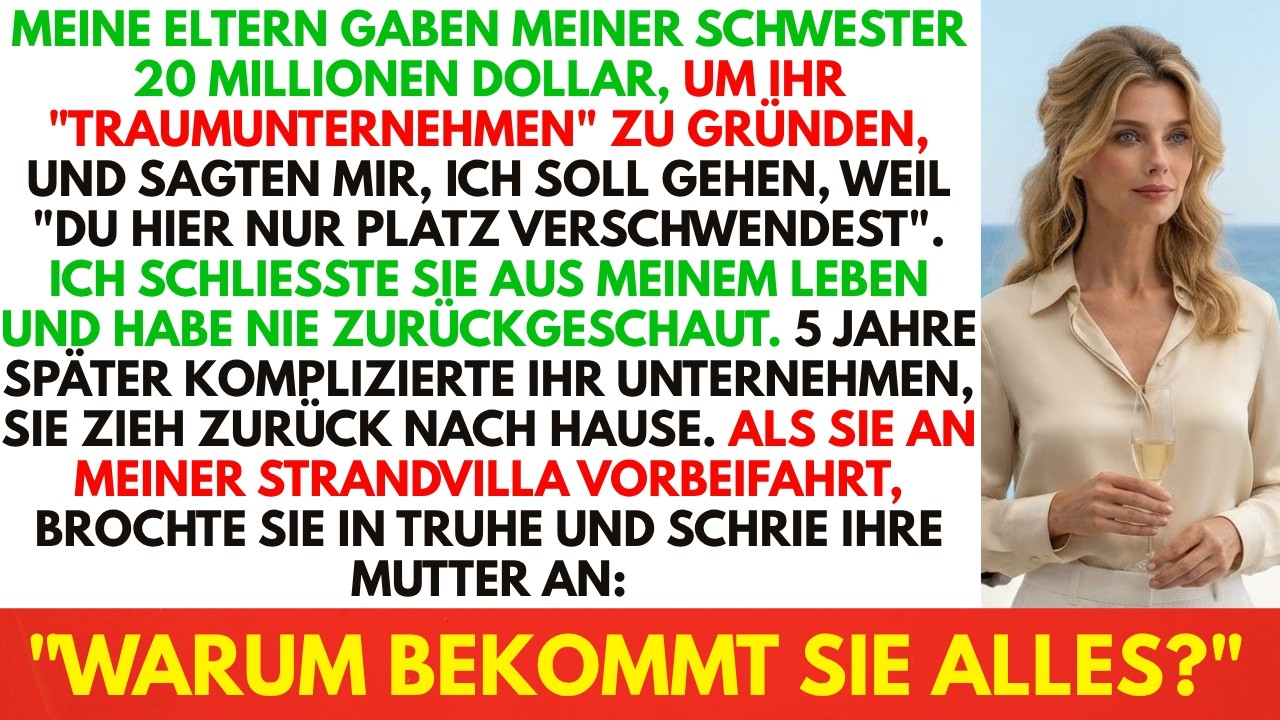 Der Kristallleuchter warf warmes Licht auf den Mahagonitisch, als mein Vater den Scheck über zwanzig Millionen Dollar meiner Schwester überreichte. Ich saß nur da und trank Wasser. Dann sah ich...