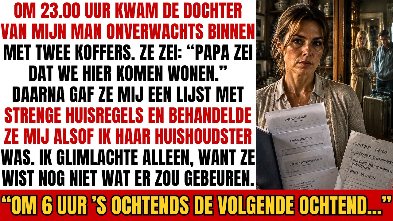 Om elf uur ’s avonds stond de dochter van mijn man opeens in mijn hal met twee koffers en een lijst in haar hand. “Pap zei dat we hier komen wonen,” zei ze. Ontbijt om zes uur. Geen vet eten....