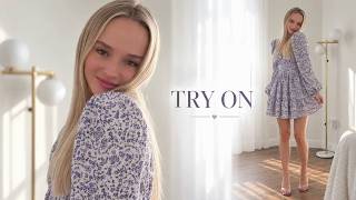 Floral Mini Dress Try On | Soft Feminine Look, Elegant Heels & Outfit Inspiration in 4K screenshot 1