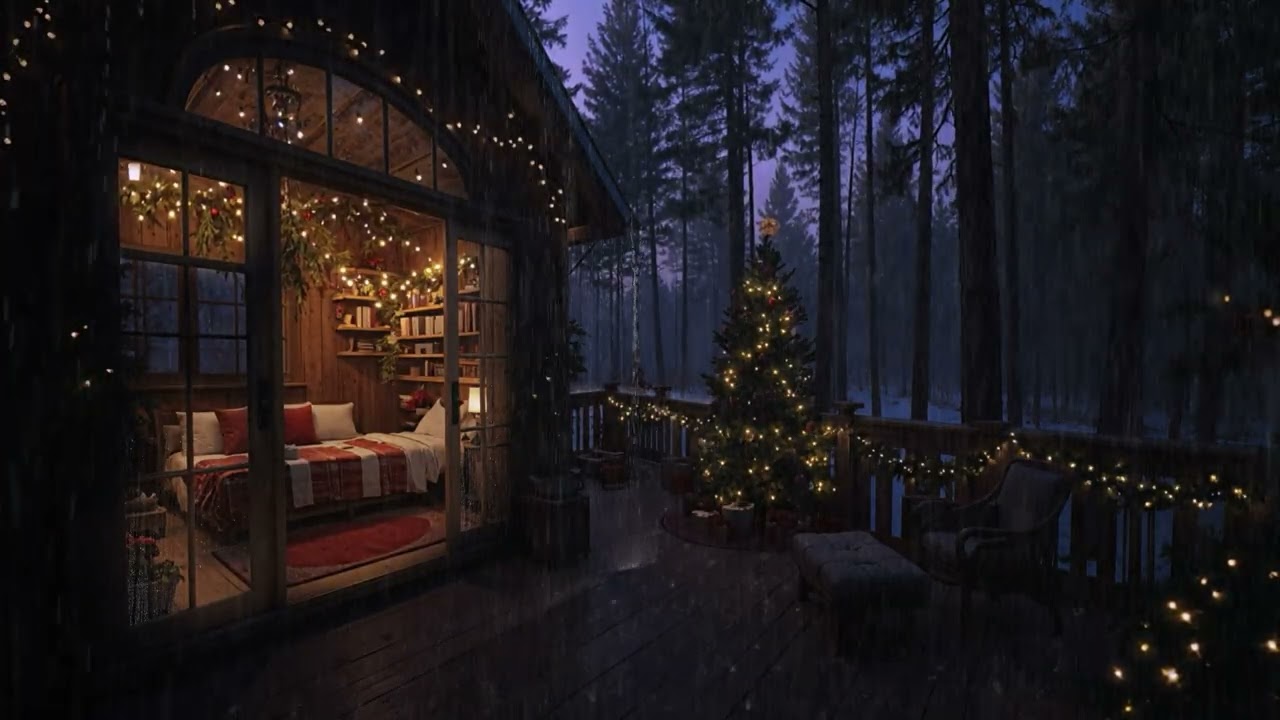 Cozy Christmas Cabin in the Rainy Winter Forest 🎄 | Deep Sleep & Relaxing Rain Sounds (4K UHD )