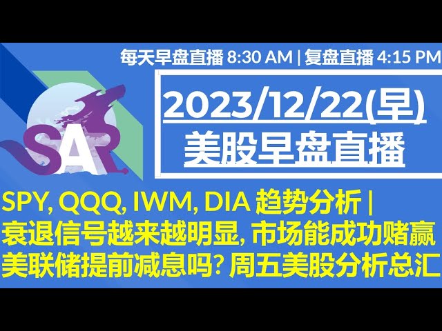 美股直播12/22[早盘] SPY, QQQ, IWM, DIA 趋势分析 |衰退信号越来越明显, 市场能成功赌赢美联储提前减息吗? 周五美股分析总汇