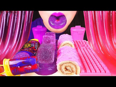 ASMR PURPLE & PINK FOODS: LOLLIPOP, CHOCOLATE KEYBOARD, JELLO DONUTS, JELLY NOODLES, CAKE, CANDY 咀嚼音