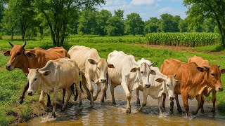 Aktivitas sapi lembu di pagi hari berjalan menuju ladang, Suara Sapi Moo, Puluhan sapi lucu berjalan