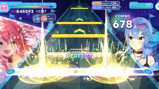 Sugar Rush Expert All Perfect Hololive Dreams
Difficulty: 26
miComet (Sakura Miko & Hoshimachi Suisei) original song, the last of the new event songs, this being the duo song. Great bop, the chart has some funky small fills all over that can easily trip you up such as the thumbnail. The outro especially is easy to flubber up with the tight spaced short sustains that come out of nowhere. Sugar Rush Expert All Perfect Hololive Dreams
