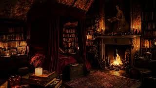 Sleeping in a Gothic Bedroom Library | Fireplace Crackling & Candlelight Ambience | 3 Hours