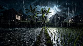 Relaxing Heavy Rainstorm Near Rice Farms and Small Village Houses on a Calm Peaceful Night