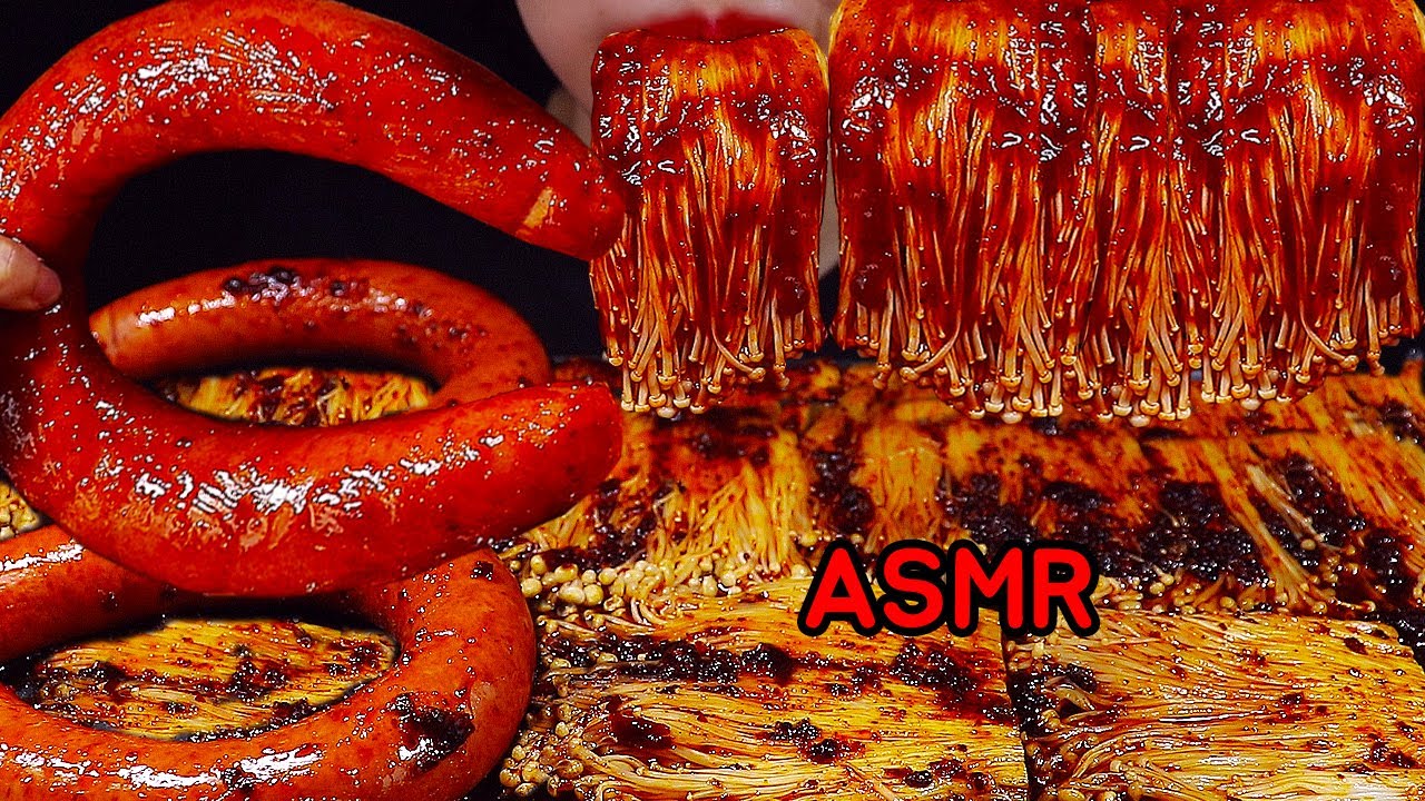 ASMR स्वर्ण मशरूम (*RECIPE)JAMUR PEDASENOKI MUSHROOMS SPICY MALA SAUCE SAUSAGE 팽이버섯 매운 마라 킬바사 소세지