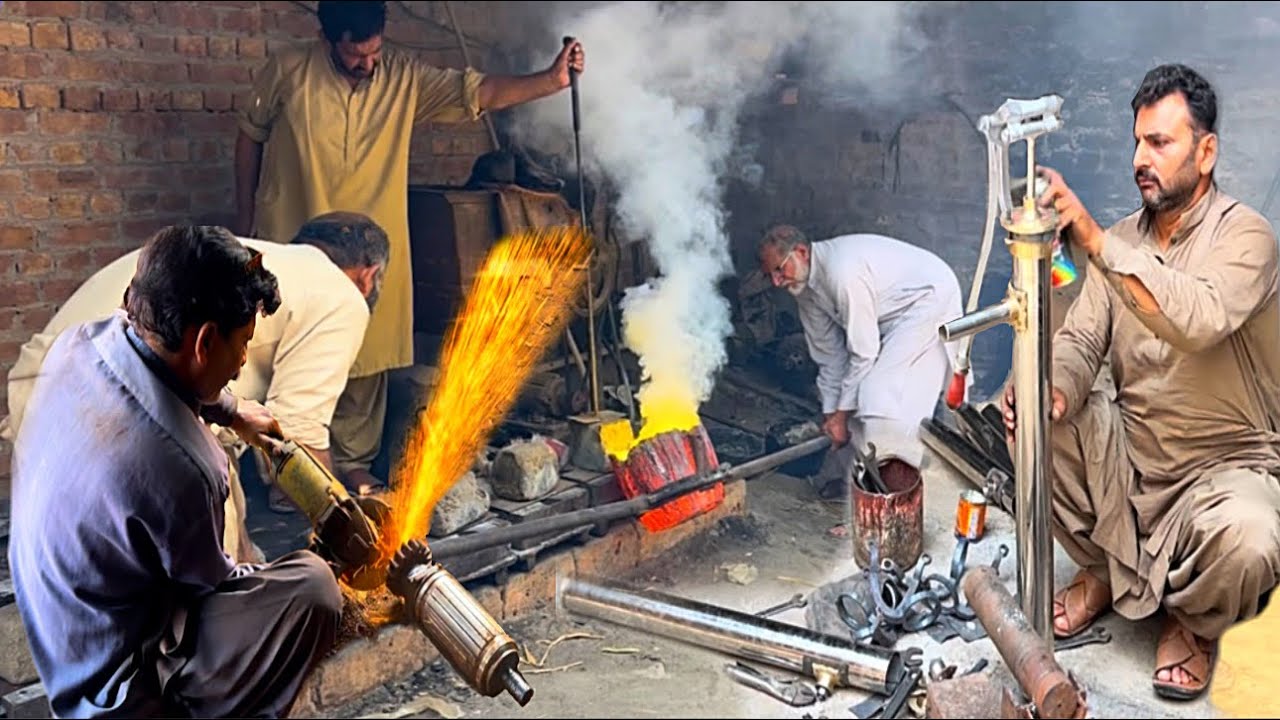 Wonderful Process Of Manufacturing Hand Operated Steel And Brass Water Pump. Repair Sugarcane Juicer