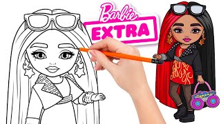 How to draw Barbie Extra Minis Doll with Red & Black Hair in Flame-Print Dress & Moto Jacket