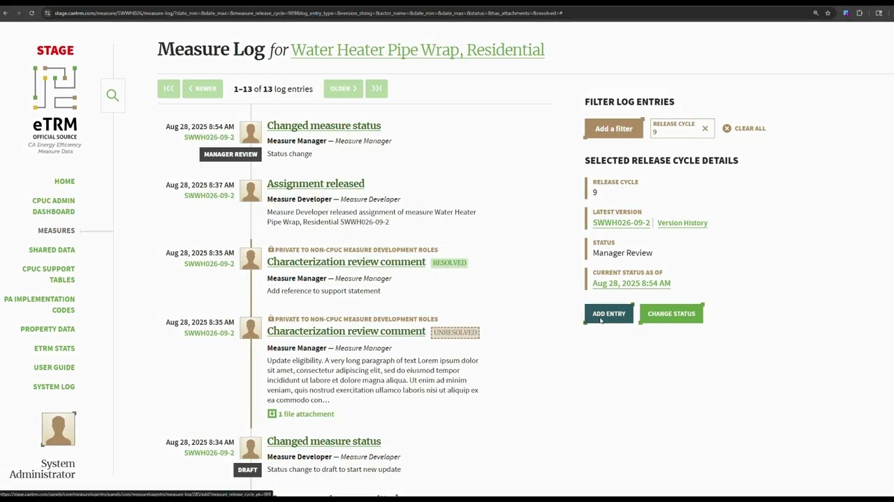 Measure Log - Log Entry and Status Change