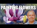 Painting flowers with watercolors. Step by step tutorial how to paint a magnolia flower. Watercolour