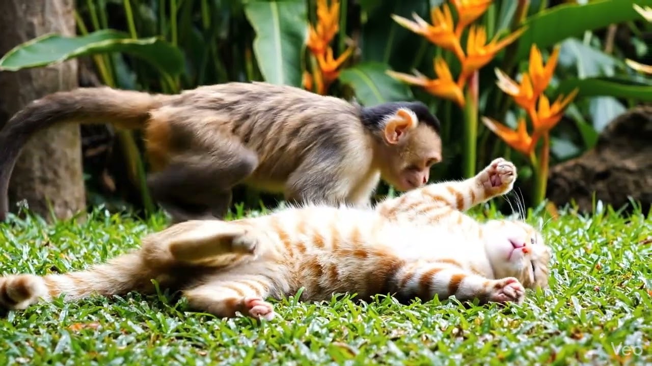 Monkey playing with cat 