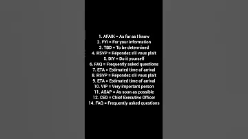 1 AFAIK As Far As I Know2 FYI For Your Information3 TBD To Be Determined4 RSVP Répondez 