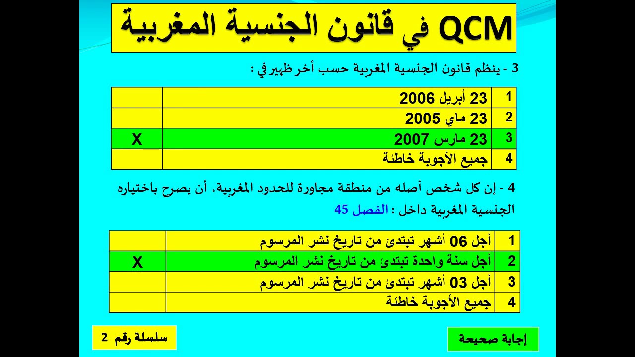 أسئلة متعددة الاختيارات في قانون الجنسية المغربية QCM 2