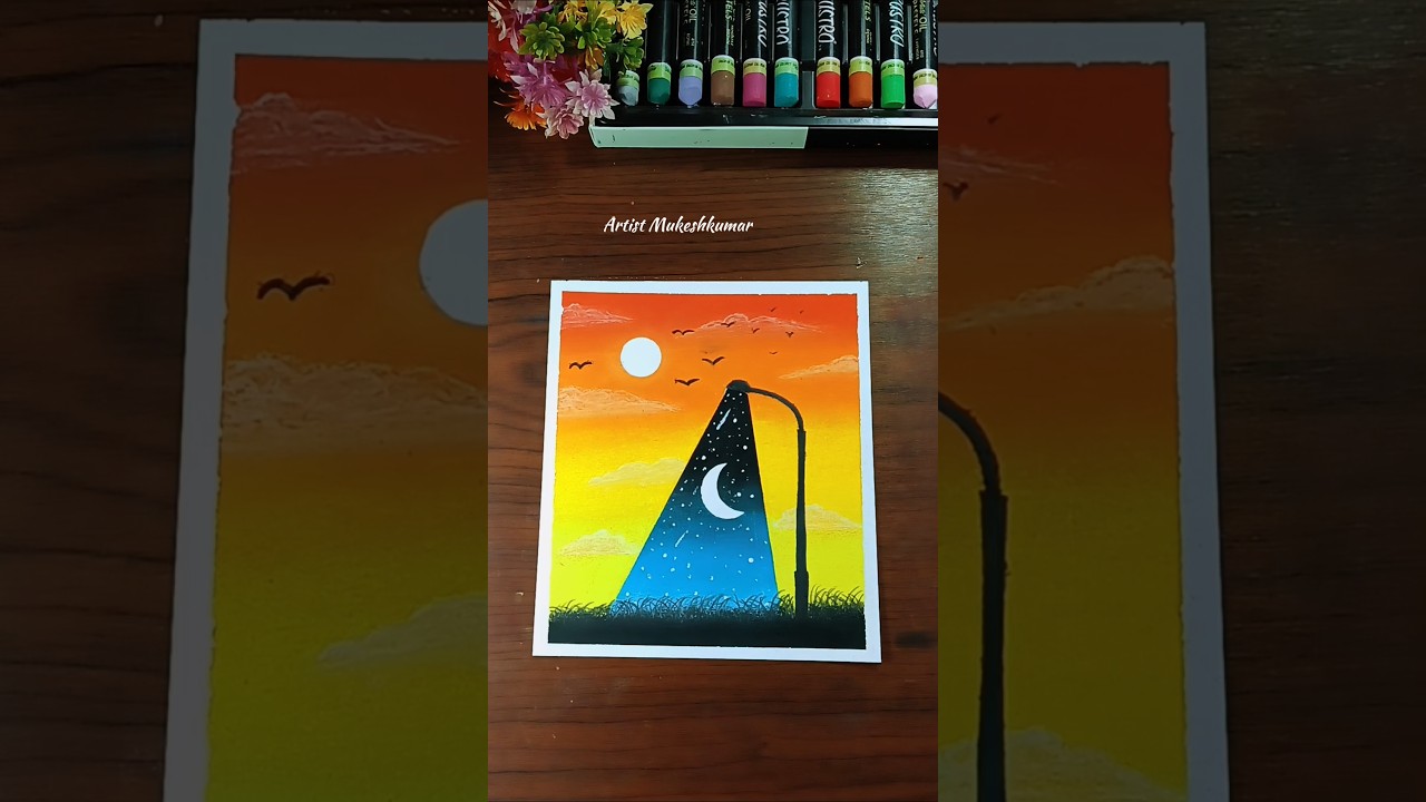 ✨ Easy street light painting l day & night relexing drawing l Oil Pastel Art 