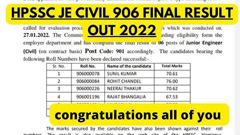 FINAL RESULT OF HPSSC JE CIVIL 906 OUT 2022 || #hpssc #hpsssb #hpjecivil906 #hamirpur #civil #hp