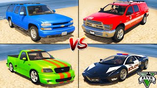LSFD Truck vs Ford F150 vs Chevrolet Suburban vs Police Lamborghini - GTA 5 Mods Which car is best?