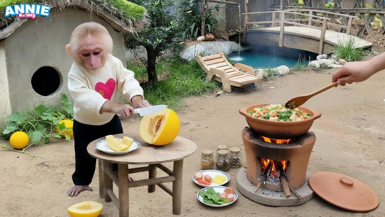 Farmer Annie harvests a giant melon and helps Dad cook yummy fried rice! | Mini cooking