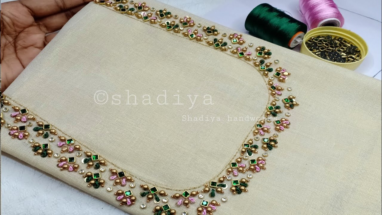 Pink and green embroidery on golden tissue neck| back neck embroidery design