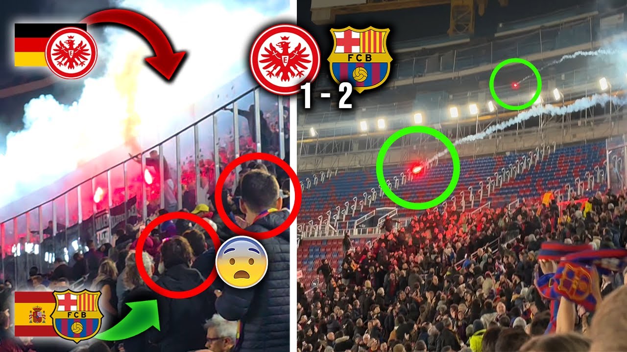 Хаос на Камп Ноу! Немецкие фанаты Франкфурта нападают на болельщиков Барселоны в ужасающих сценах