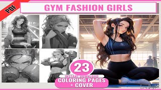 Anime Gym Fashion Girls Adult Coloring Book 23 Fitness Coloring Pages Printable PDF JPG Grayscale