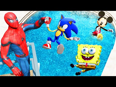 GTA 5 Water Ragdolls Spiderman vs Mickey Mouse vs Sonic vs Spongebob Jumps/Fails (Euphoria Physics)