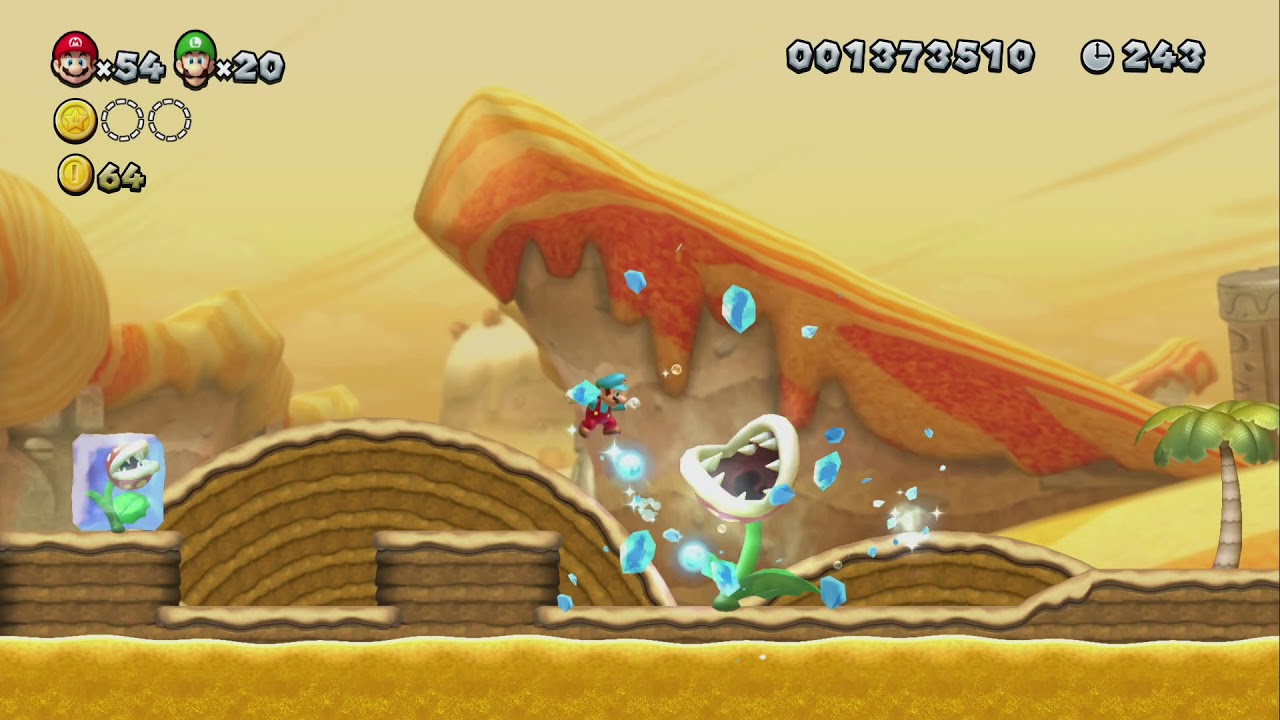 뉴 슈퍼마리오 브라더스 u 디럭스 #2 디저트 사막 -6 꽃피우는 김수한무와 빙글빙글 대지 스타코인 2인 플레이