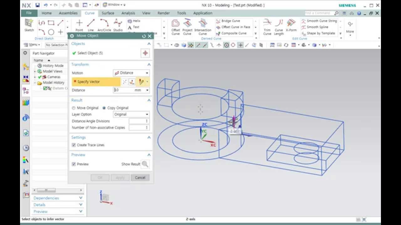 Nx 10 3d Wireframe Construction 5 With Basic Curve Wcs Operation Trim Curve Youtube