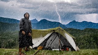 ⛈️ DOWNPOUR Solo camping in heavy rain, laze around in tent ( DEEP THUNDERSTORM)