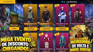 MEGA EVENTO DE DESCONTO CHEGANDO!! LOJA MISTERIOSA NARUTO, INCUBADORA DE VOLTA, NOVIDADES FREE FIRE