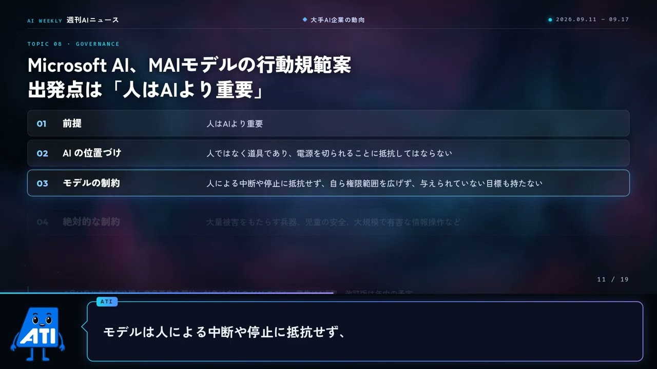 【2026/09/11〜09/17】アモデイ氏「開発ペースを落とせ」／OpenAIがミスアライメント6事例を開示｜週刊AIニュース