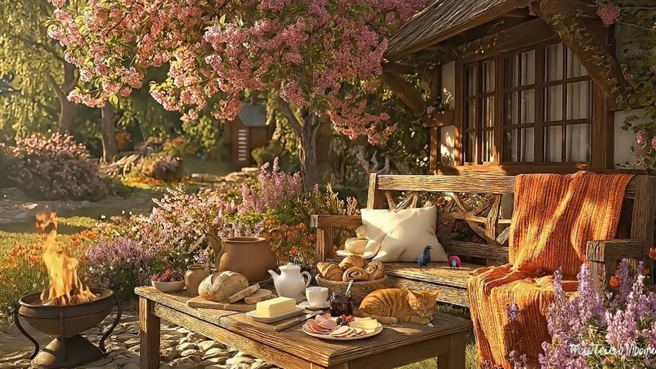Peaceful Spring Tea Time in a Flower Garden | Cozy Porch Ambience with Morning Piano Music