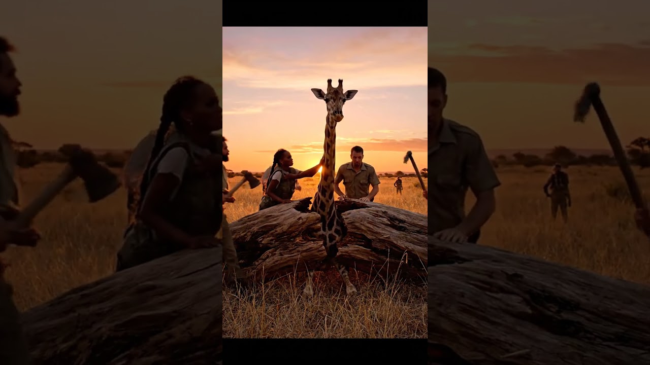 rescue giraffes from giant log 