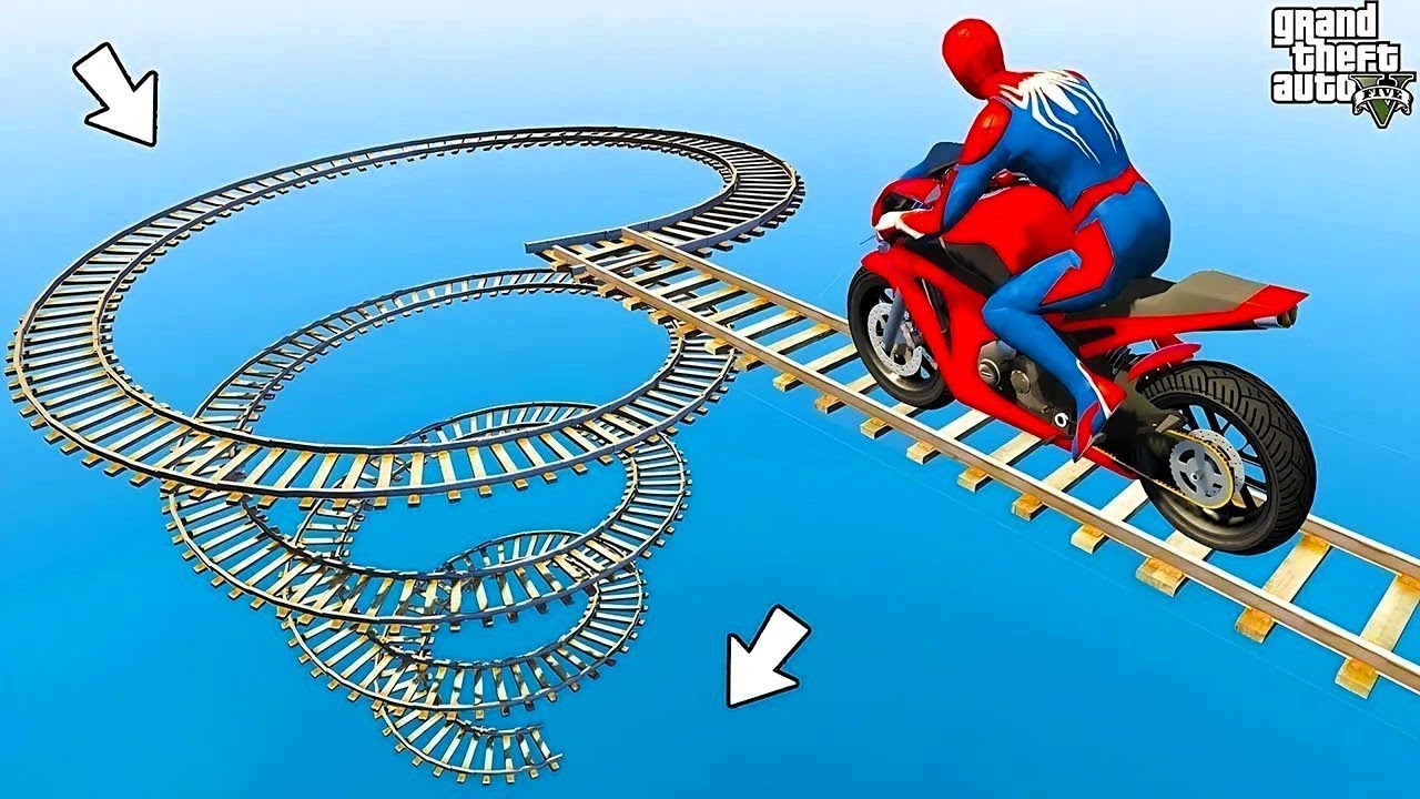 الأبطال الخارقين على القضبان دوامة قمع جسر - SPIDER-MAN on Motorcycle in Spiral Bridge Stunt Ride!