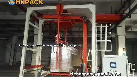 Fully Automatic In line Rotary Arm Pallet Stretch wrapper with top press plate