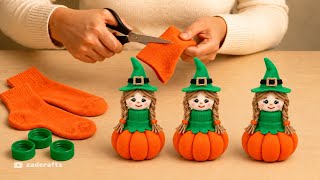 Don't Buy Halloween Decor! Turn Bottle Caps & an Old Sock into a Cute Pumpkin Doll!🎃| Recycled Craft