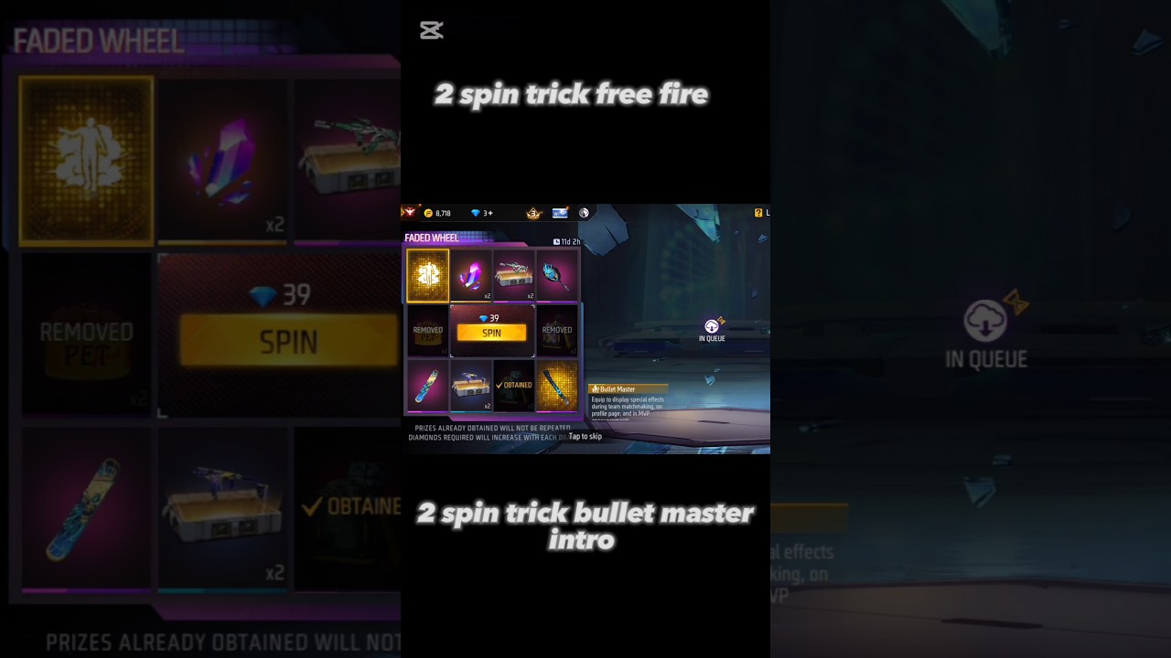 freefire 2spin trick for get master bullet intro animation