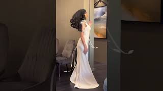 SF417 Elegant Satin Sheath Asymmetric Draped Details Evening Dress