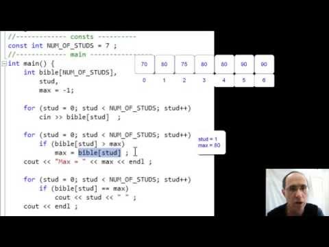 041 - מערכים (חלק ב') - מציאת הערך המירבי במערך, ובאילו תאים הוא מצוי (גרסה #1)