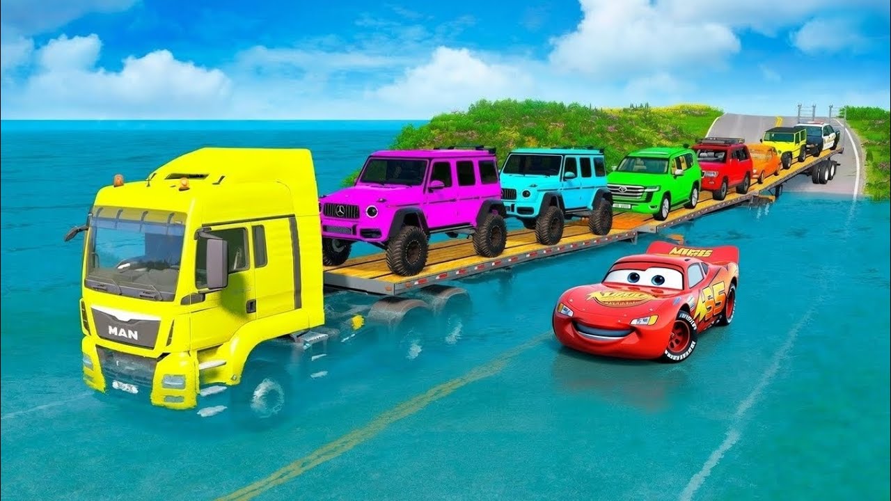 Triple Flatbed truck McQueen | transportation with truck - Pothole vs car #14 BeamNG.Drive Gameplay