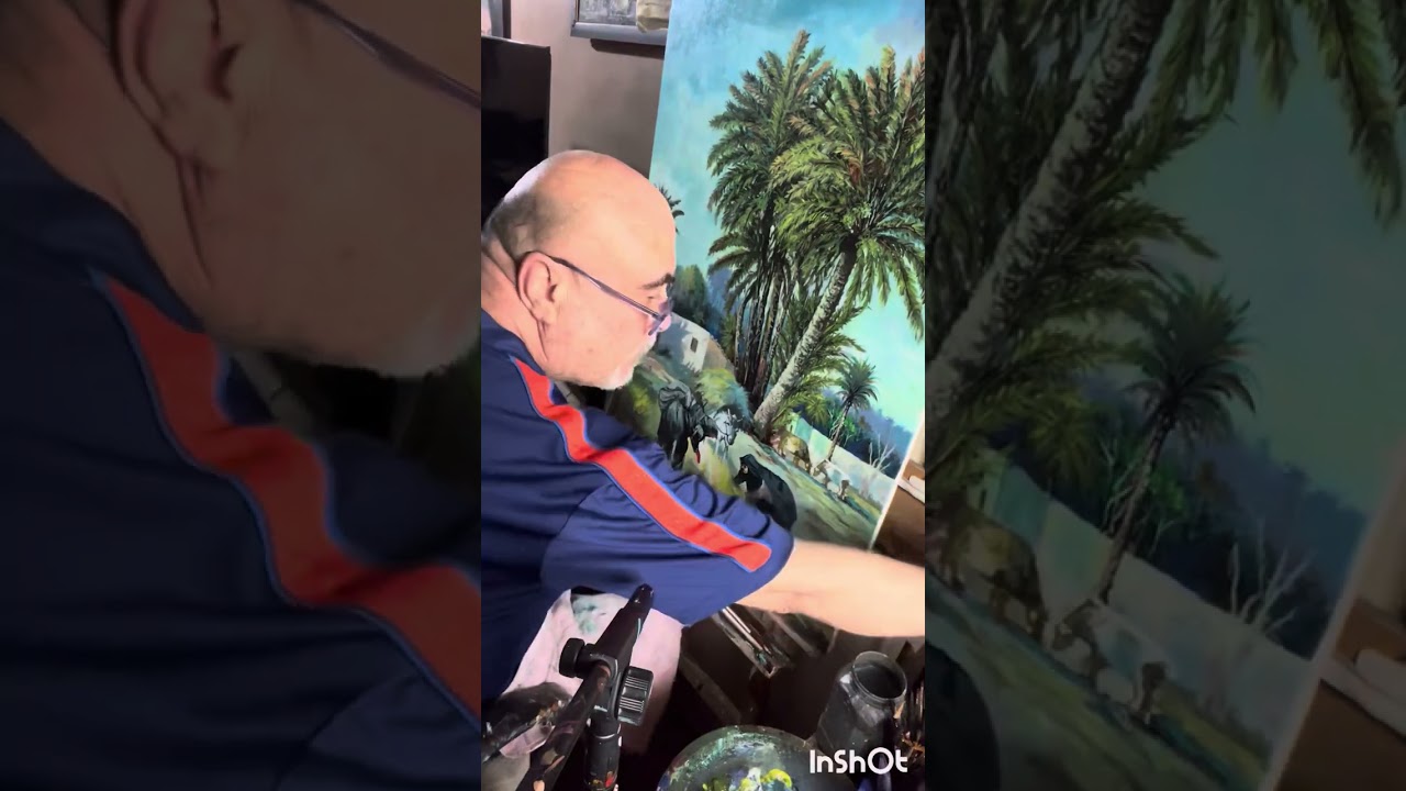 لوحتي  ظل النخيل طبيعة الريف  العراقية المقاس 90 × 65 سم ألوان أكريليك الفنان رعد جبرائيل قلو  2025