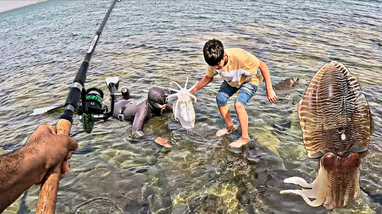 Breathtaking moment of catching a squid on a rocky pier