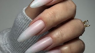 Encapsulated ombre, hard structure gel in almond dual form nail extensions ￼